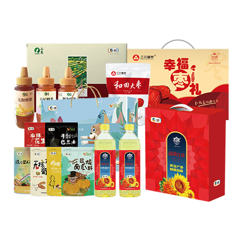 【中粮v365】五彩缤纷干果礼盒+【中粮山萃】吉祥三宝蜂蜜礼盒+【中粮塔原】红花籽调和油双支礼盒+【三元福萃】幸福枣礼枣礼盒（598-03）